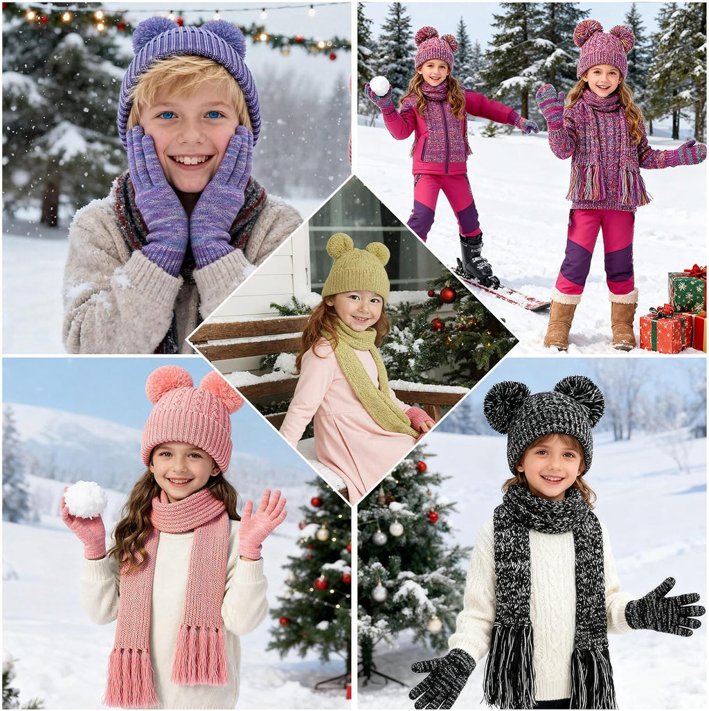 Kids Beanie Scarf Gloves Set, Boys Girls Toddler Winter Warm Fleece Lined Hat with Pom Pom Knit Scarf Mittens 3 in 1