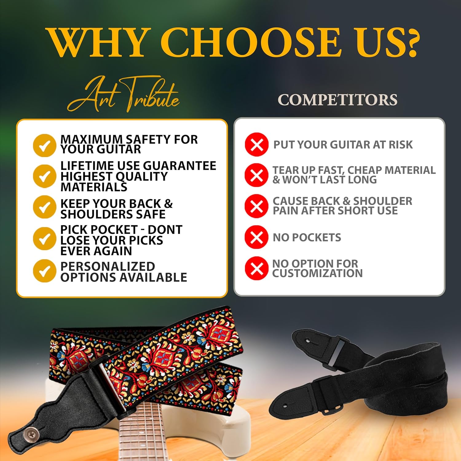 Guitar Strap For Acoustic, Electric and Bass Guitars, Adjustable Padded Leather Ends Guitar Straps For Men and Women