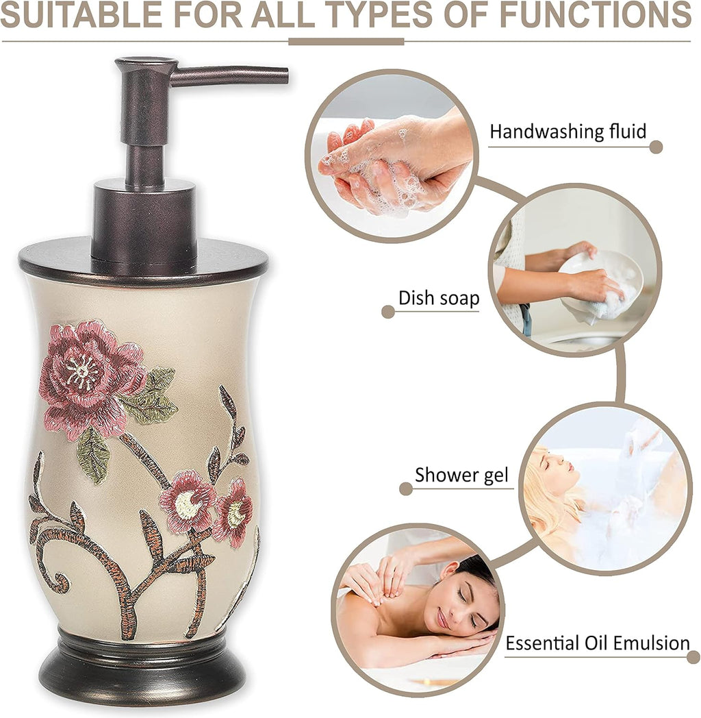 4pc Larrisa Floral Bathroom Accessories Sets Modern Classic Flower Soap Dispenser, Tumbler, Tooth Brush Holder and