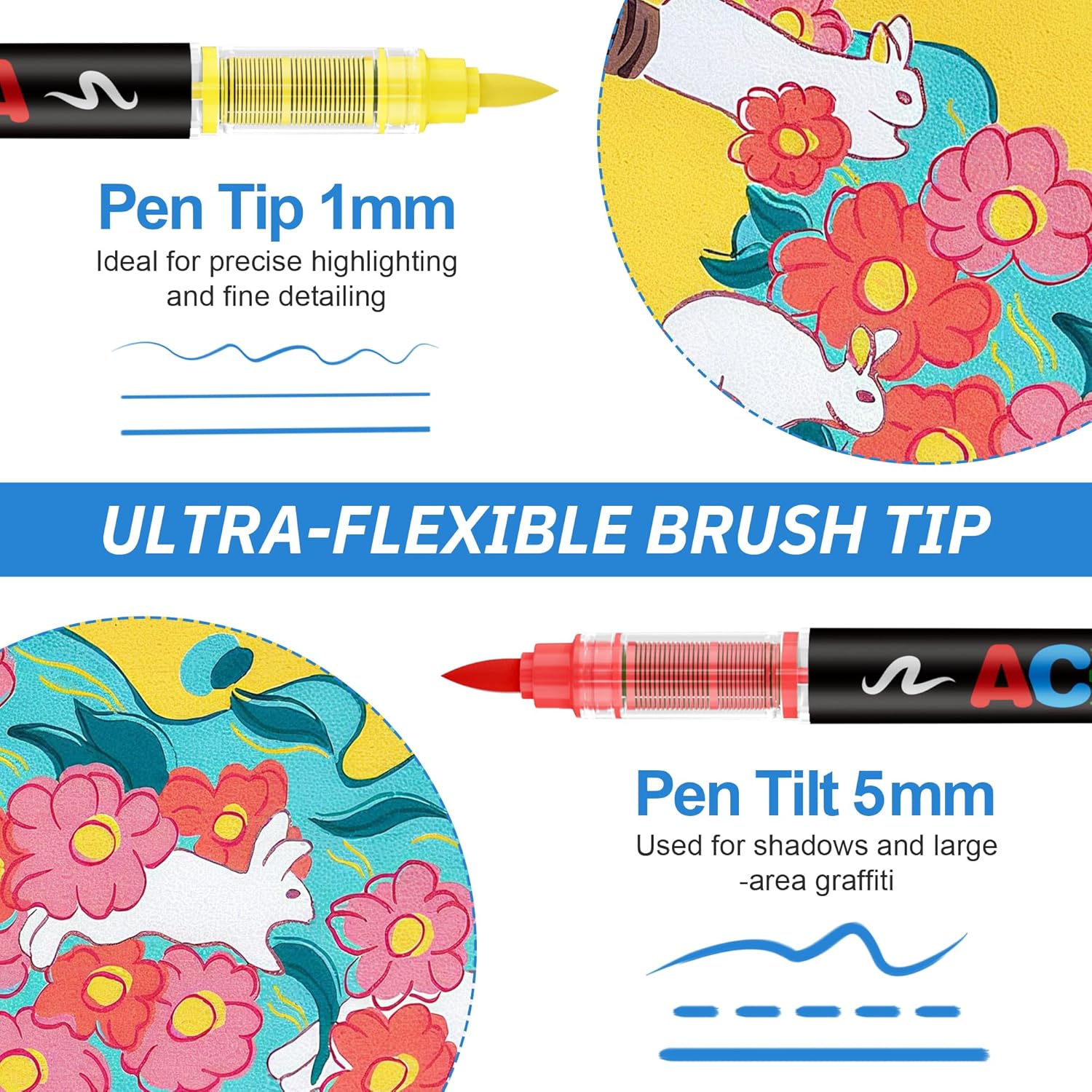 Acrylic Paint Markers Brush Tip, 12 Vivid Colors with Direct-Liquid Ink System, Professional-Grade Paint Pen for Rock