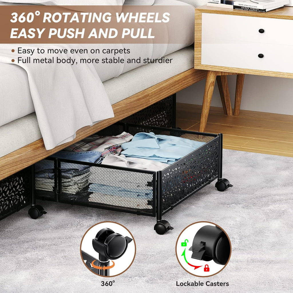 Under Bed Storage Containers with Wheels, Under Bed Shoe Storage Organizer Drawer, Tool-free Assembly Metal Storage