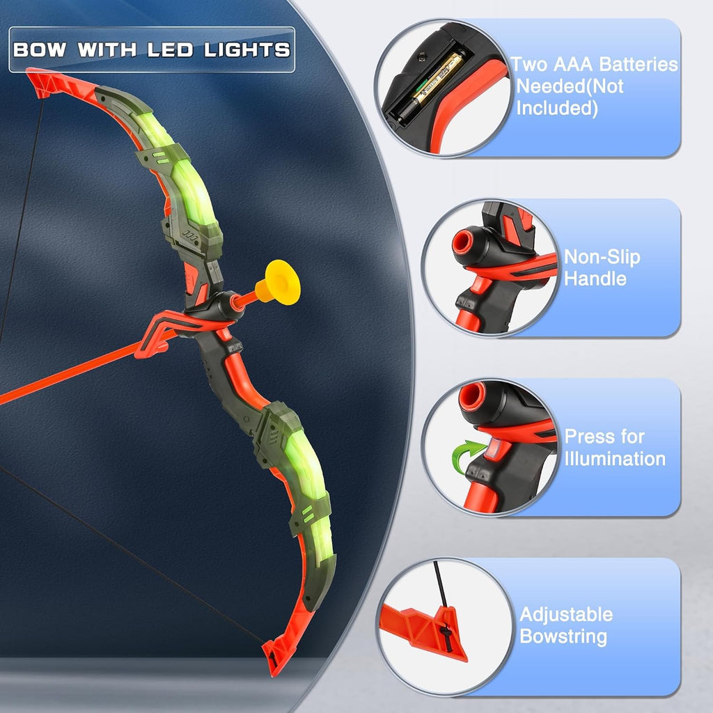 Archery Toy Set for Kids, LED Light Up Bow and Arrow Set with 10 Suction Cup Arrows, Standing Target & Quiver, Indoor