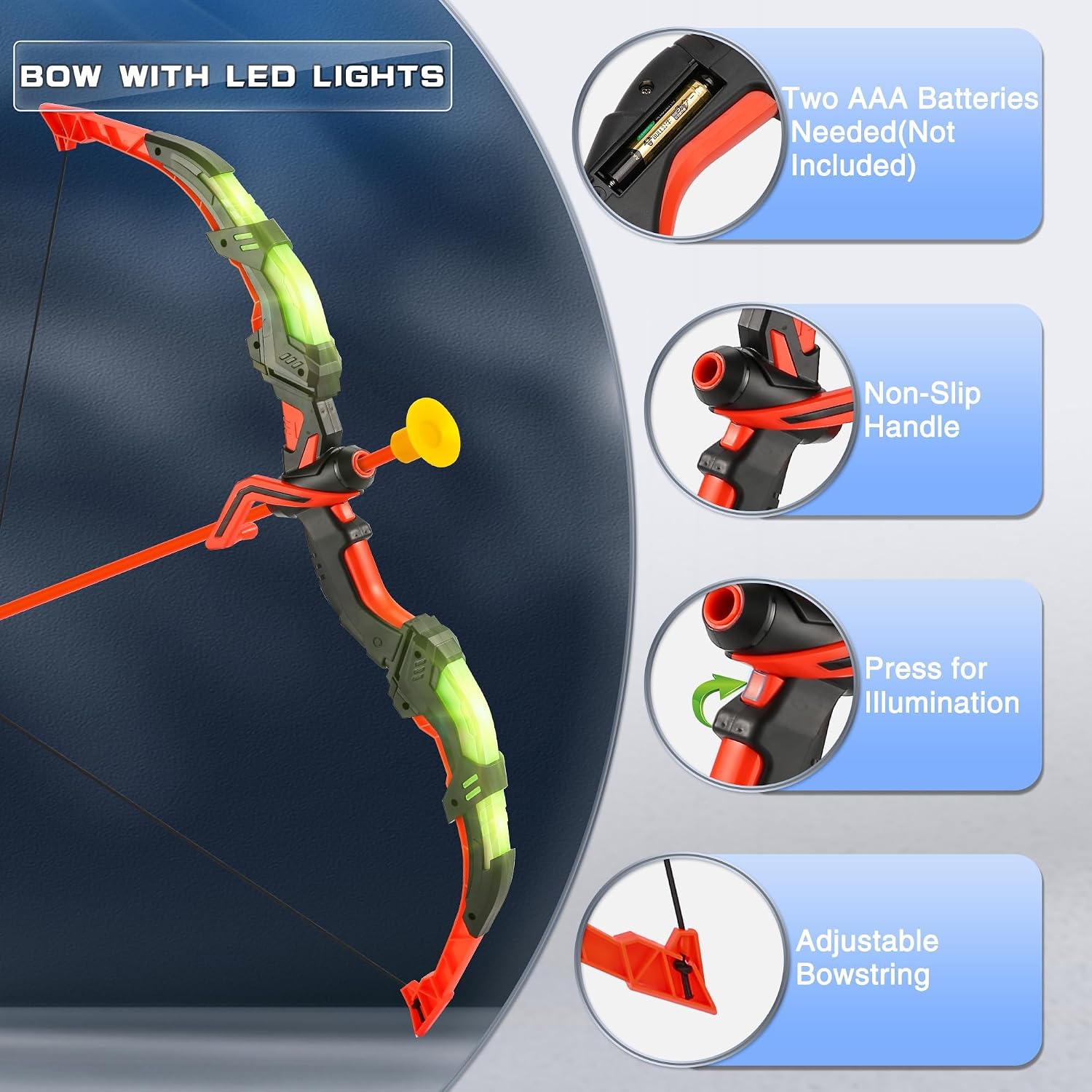 Archery Toy Set for Kids, LED Light Up Bow and Arrow Set with 10 Suction Cup Arrows, Standing Target & Quiver, Indoor