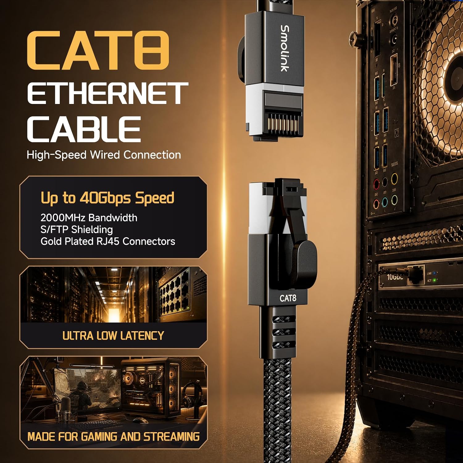 Cat 8 Ethernet Cable, 50ft 40Gbps 2000MHz RJ45 LAN Cable | Nylon Braided High Speed Internet Cable, Heavy Duty