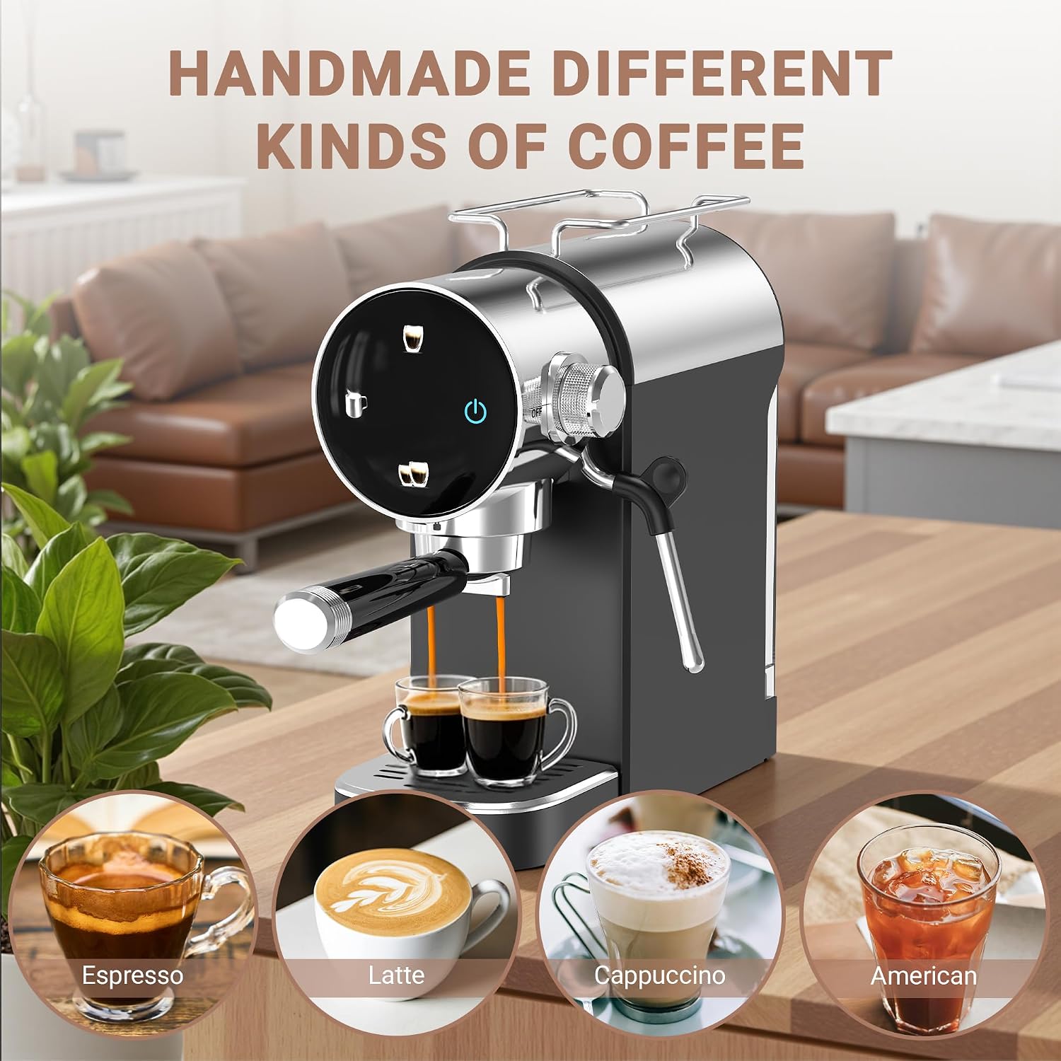 20 Bar Espresso Coffee Machine, Semi-Automatic Espresso Machine with Touch Panel, 1350W Espresso Maker with Steam