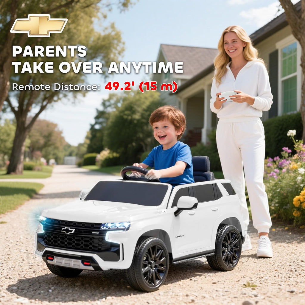 Licensed Chevrolet Tahoe Ride On Car Parent Remote Control White | 12V 7AH Battery Power Ride On Toy, LED Lights