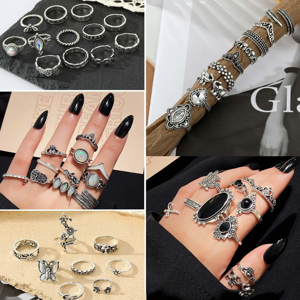 Vintage Silver Knuckle Rings Set for Women Men, Chunky Rings Aesthetic Snake Grunge Stackable Gothic Ring Adjustable