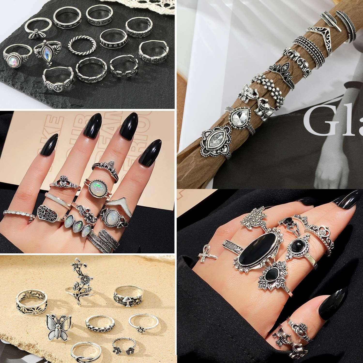 Vintage Silver Knuckle Rings Set for Women Men, Chunky Rings Aesthetic Snake Grunge Stackable Gothic Ring Adjustable