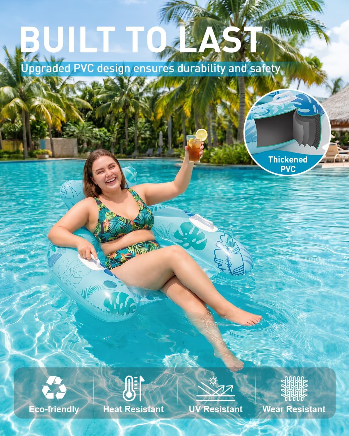 Floating Pool Lounger with Cup Holders & Ergonomic Headrest | Inflatable Water Chair for Pool Parties, Lake, Ocean