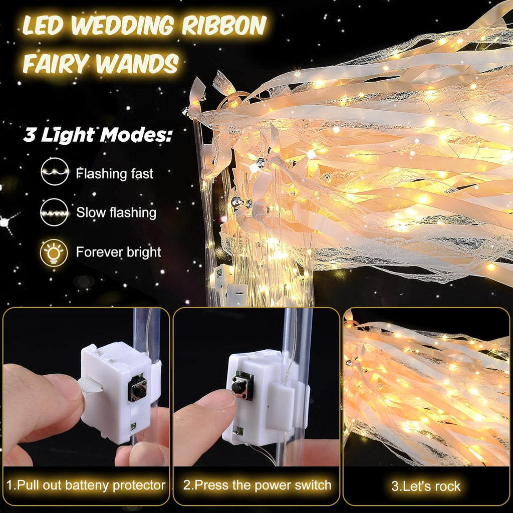 100 PCS Wedding Wands with Lights,Fairy Wands, LED Silk Fairy Wand with Bells for Wedding Send Off, New Year, Raves