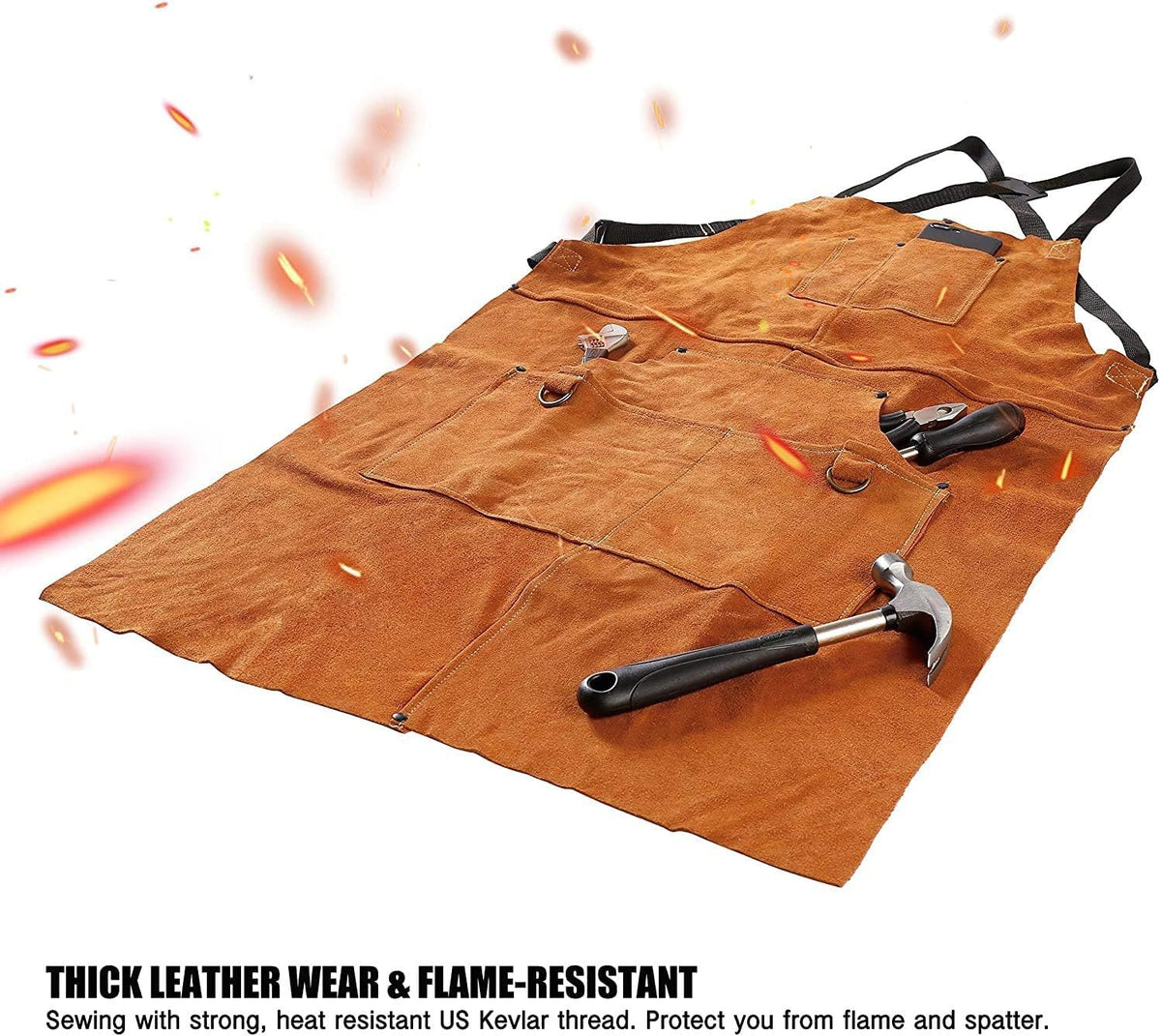 Leather Welding Apron 6 Pockets Heat Flame Resistant for Blacksmith | Split Cowhide Work Tool Apron with Aramid