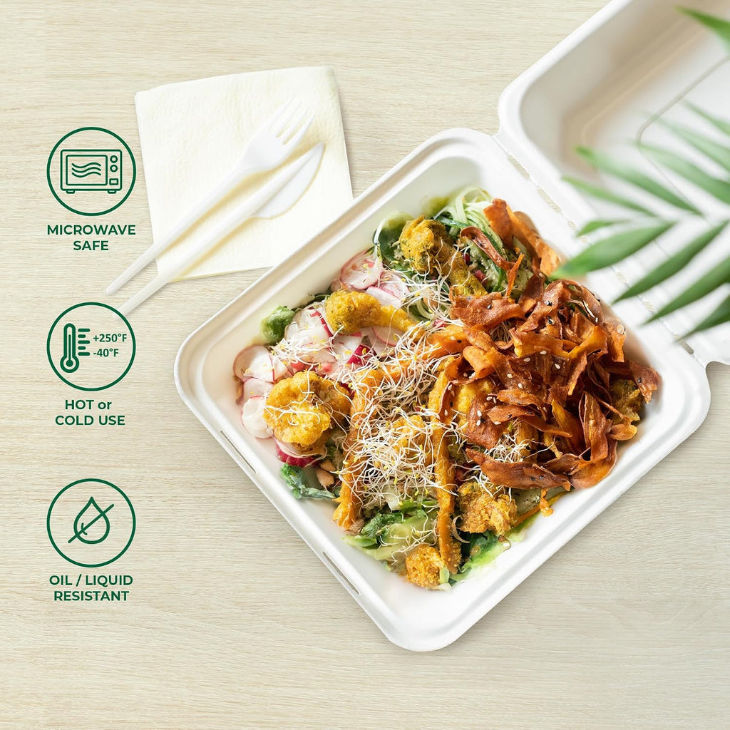 Compostable 9x9" Clamshell Take Out Food Containers [50-Pack] - Biodegradable Sugarcane To Go Boxes - Paper Food