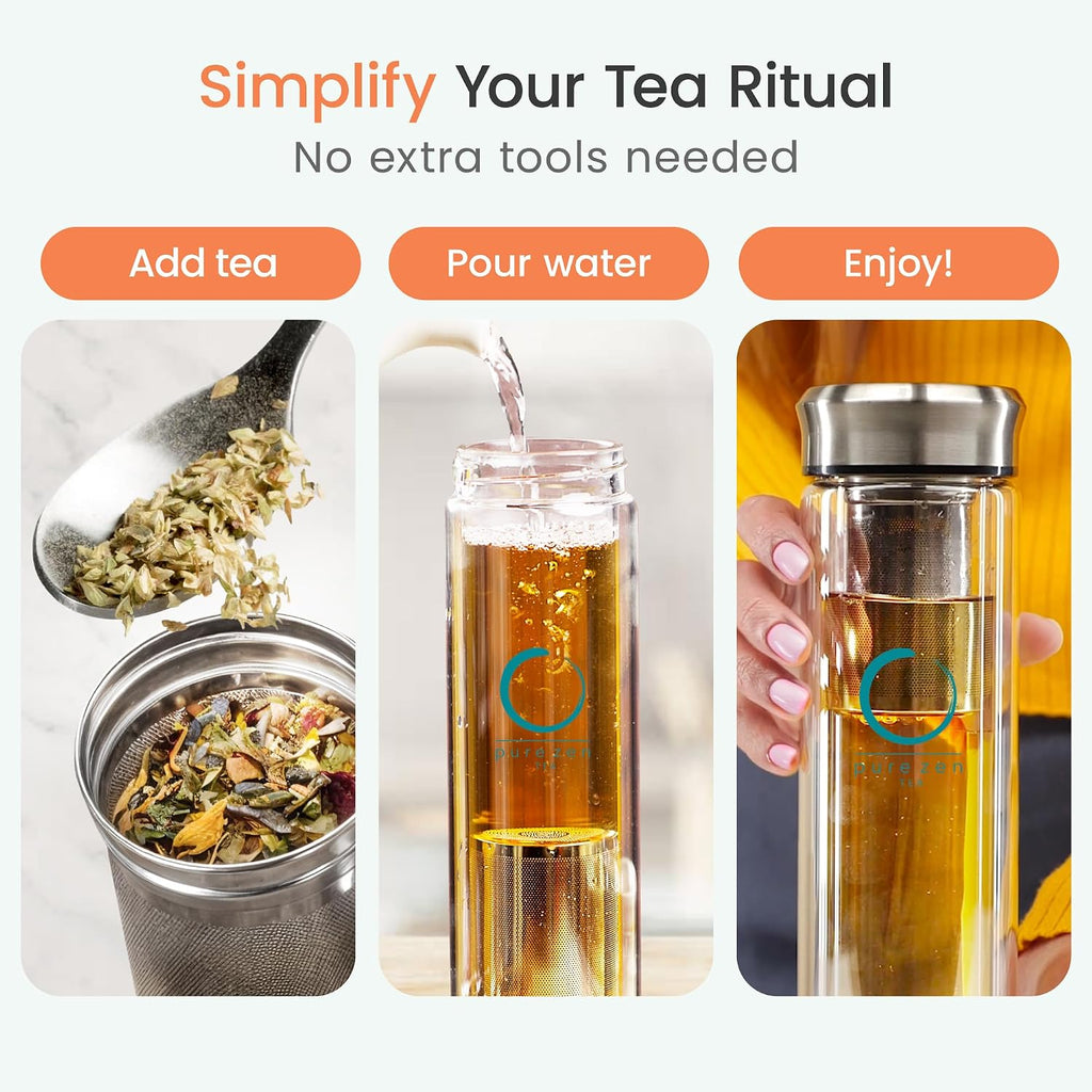 Infuser Bottle - Double Wall Glass Travel Mug with Stainless Steel Filter - Leakproof Tea Tumbler with Infuser for