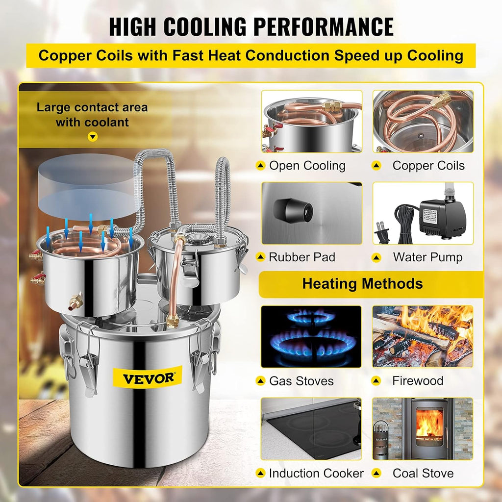 Alcohol Still, 3 Gallon, Stainless Steel Alcohol Distiller with Copper Tube & Build-in Thermometer & Water Pump