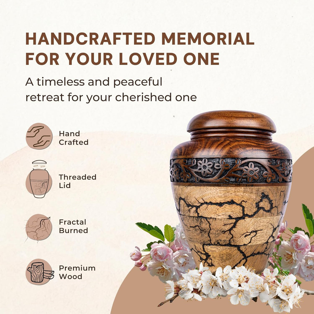 Cremation Urn for Human Ashes Adult Male or Female, Wooden Urn, Hand Carved Memorial, Large Adult Urn, Burial Urn