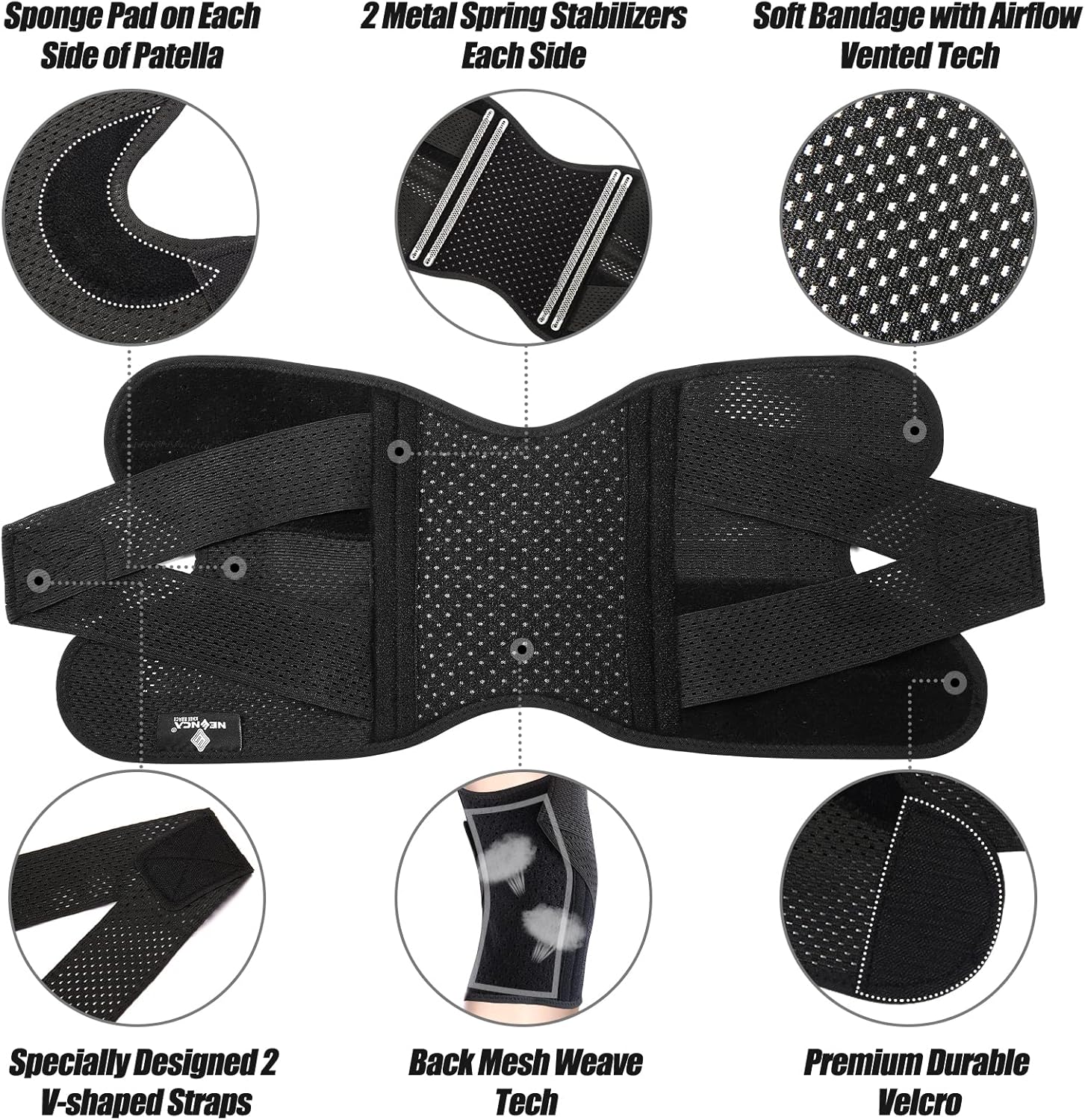 Knee Brace for Knee Pain, Compression Knee Support with Air Mesh Fabric, Adjustable Knee Wrap with Side Stabilizers