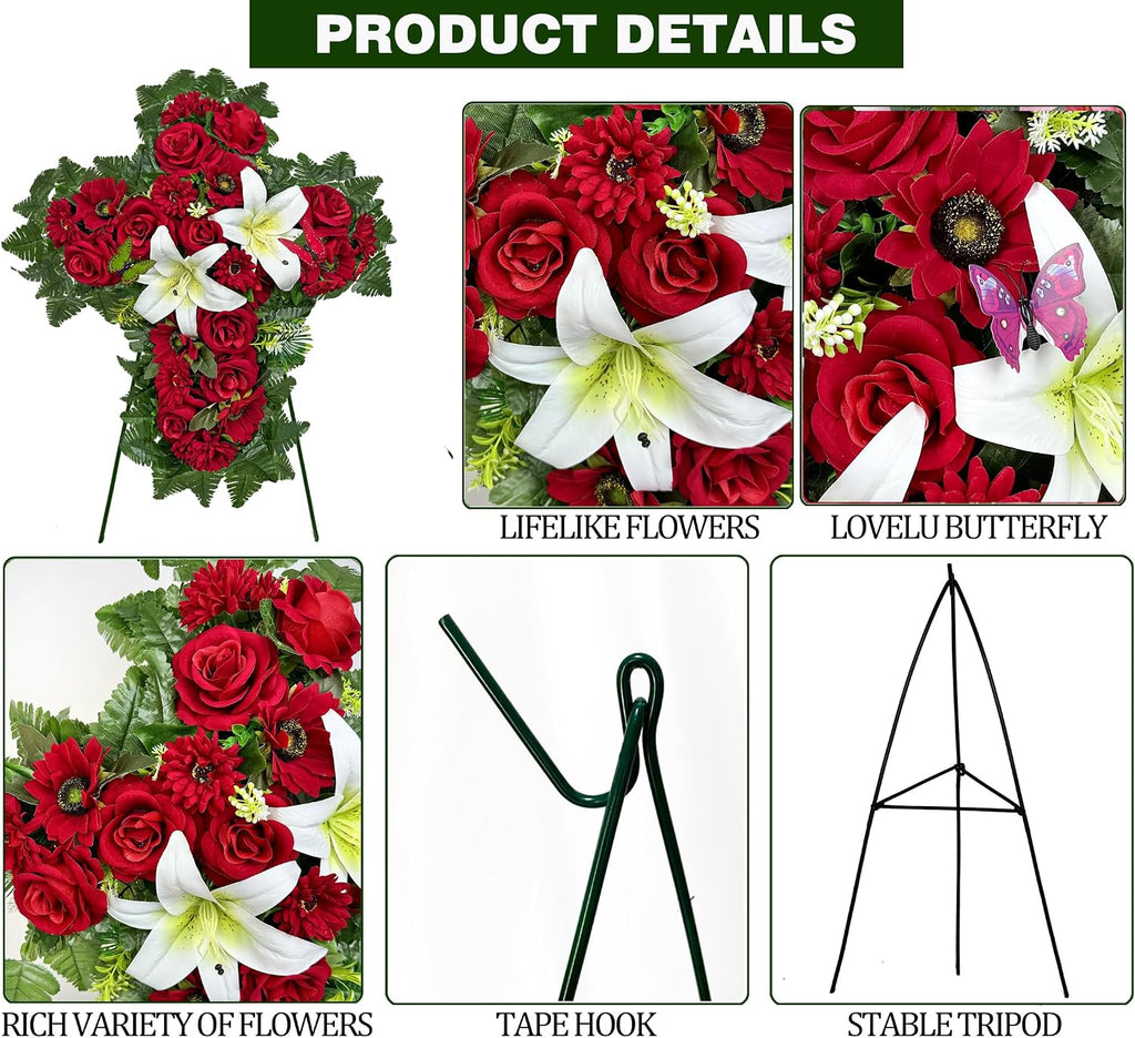 Cemetery Flower for Grave Decorations, Memorial Floral Cross with Easel Stand,Headstone Wreath-Red Rose