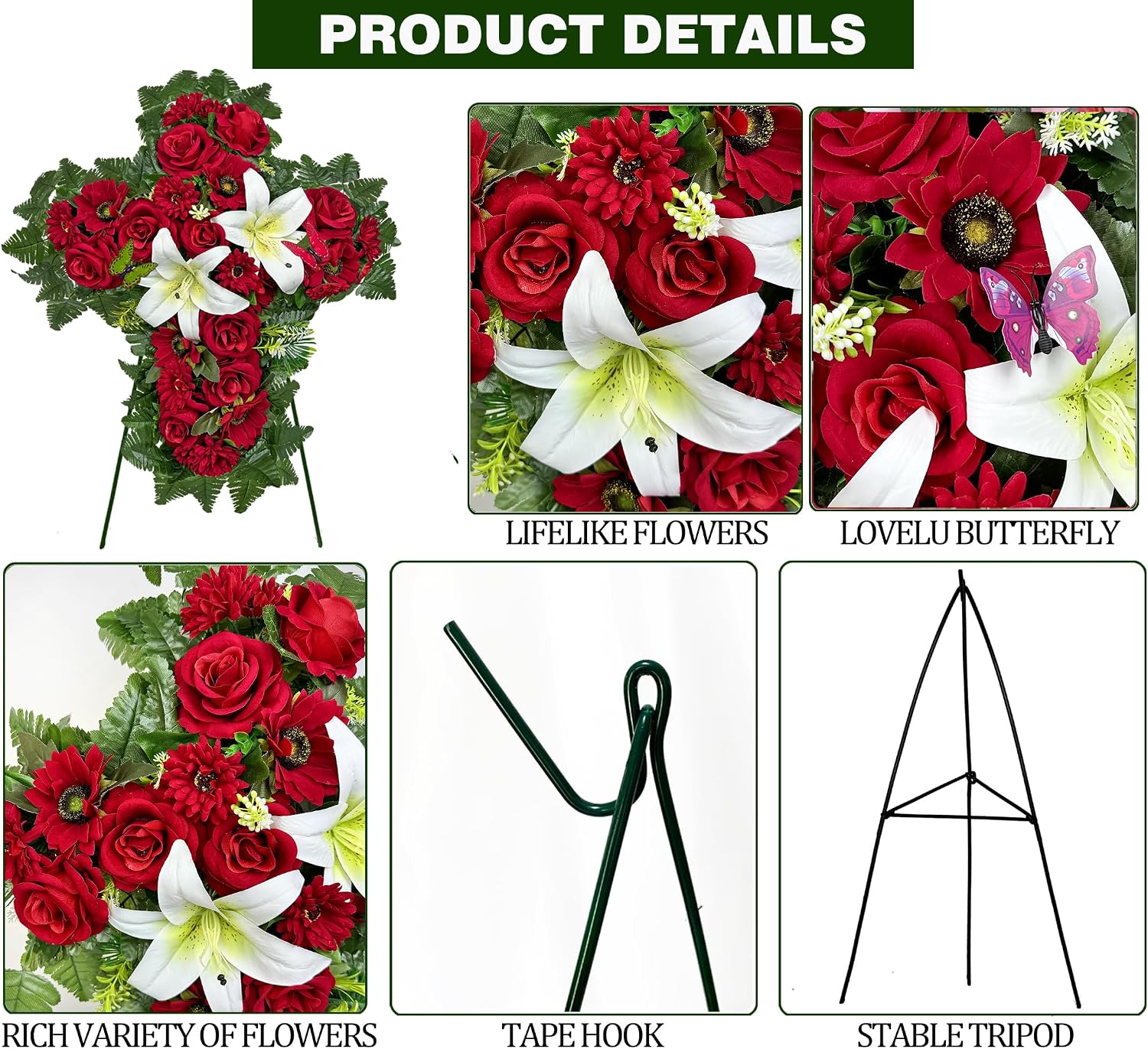 Cemetery Flower for Grave Decorations, Memorial Floral Cross with Easel Stand,Headstone Wreath-Red Rose