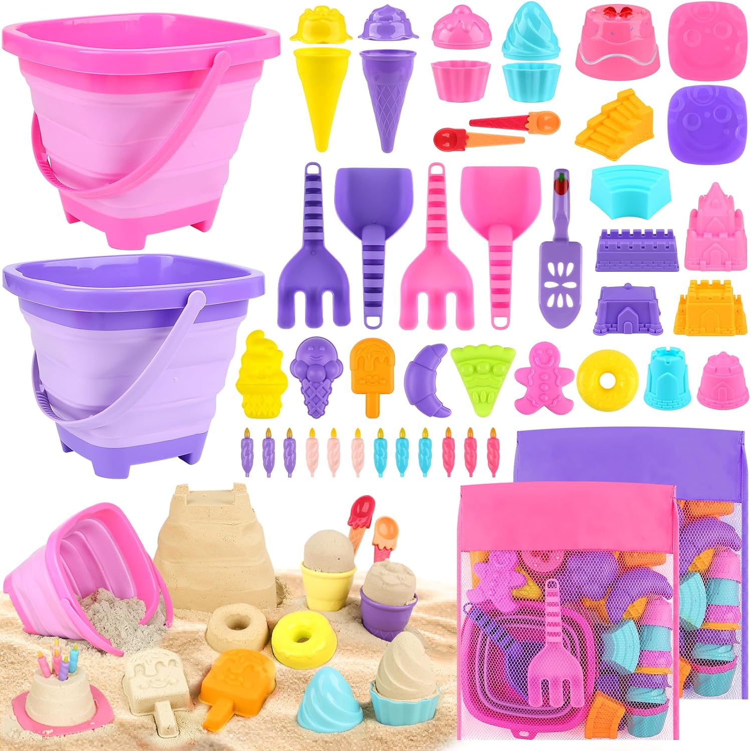 Beach Toys for Kids, 2 Collapsible Sand Bucket and Ice Cream Travel Toys | Collapsible Sand Bucket and Shovels Set