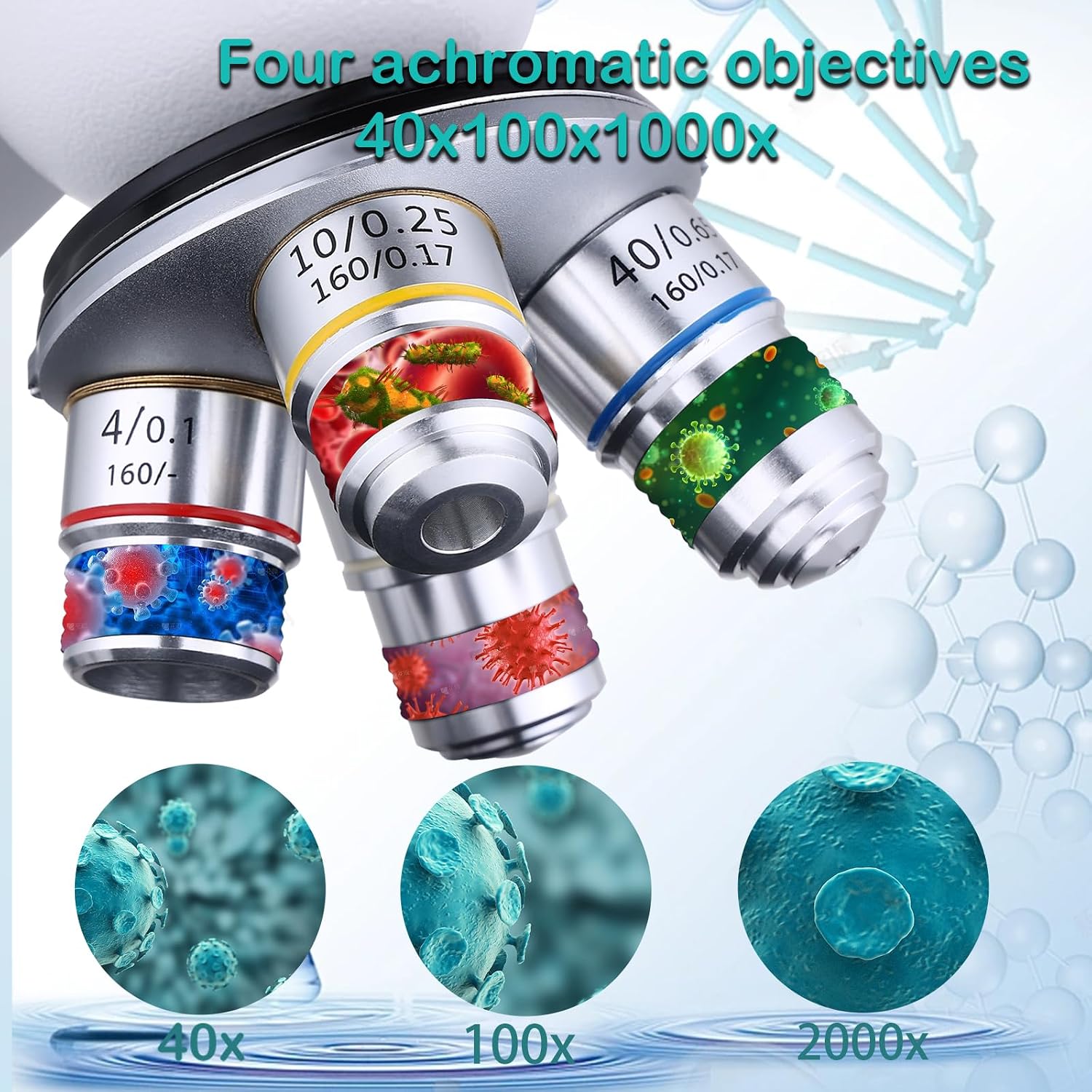 Compound Microscope，40X-2500X ，WF10x and WF25x eyepieces, Dual LED Lighting and Two-Layer Mechanical Stage，Microscope