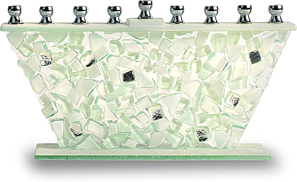 Hanukkah Menorah - White Shattered Glass - Handcrafted Painted Glass - Fits All Standard Chanukah Candles