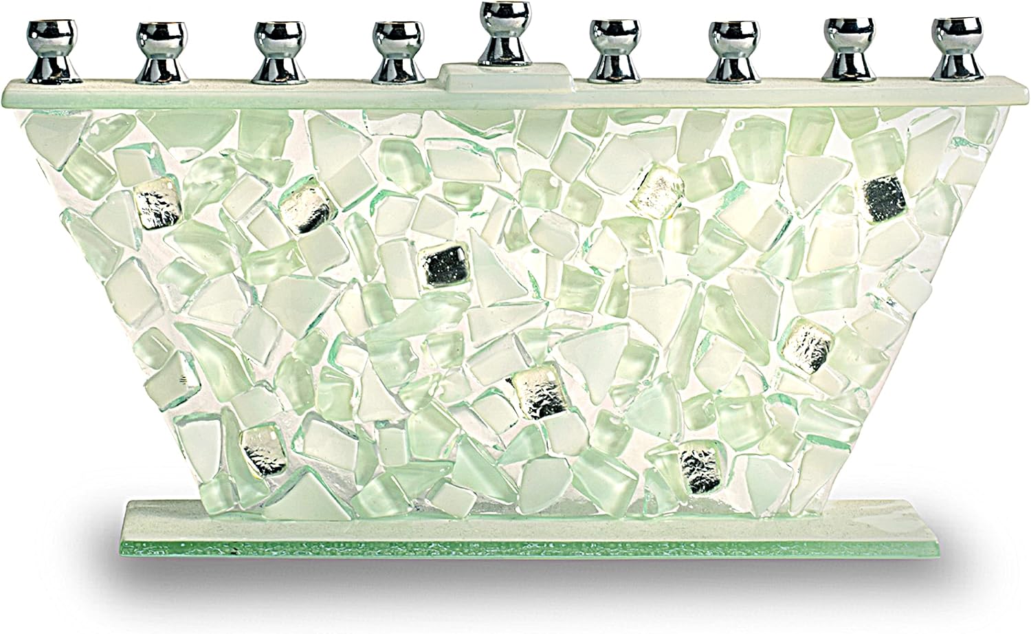 Hanukkah Menorah - White Shattered Glass - Handcrafted Painted Glass - Fits All Standard Chanukah Candles