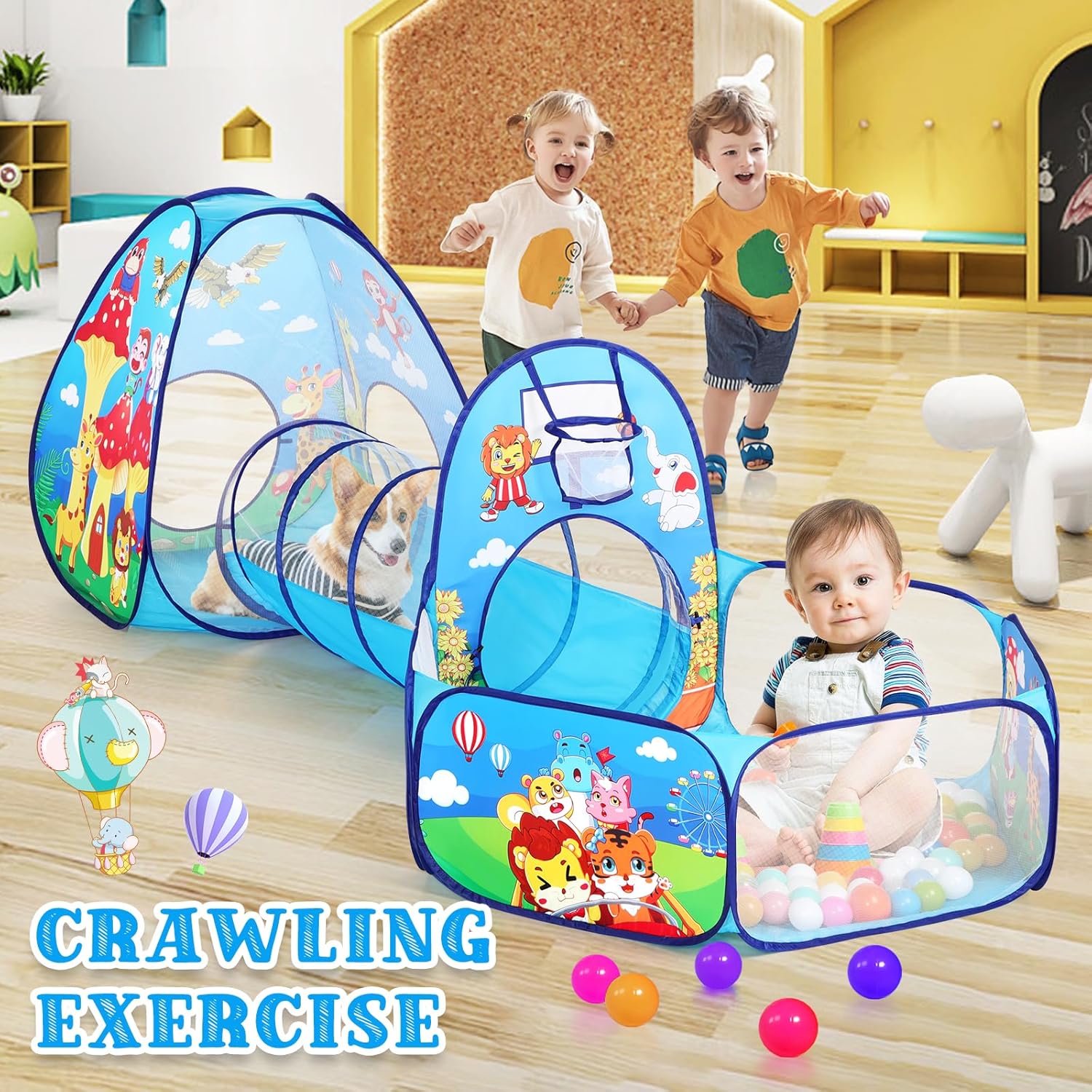 3 in 1 Kids Play Tent with Tunnel and Ball Pit for Boys Girls, Toddler Pop Up Playhouse Toy for Indoor Outdoor