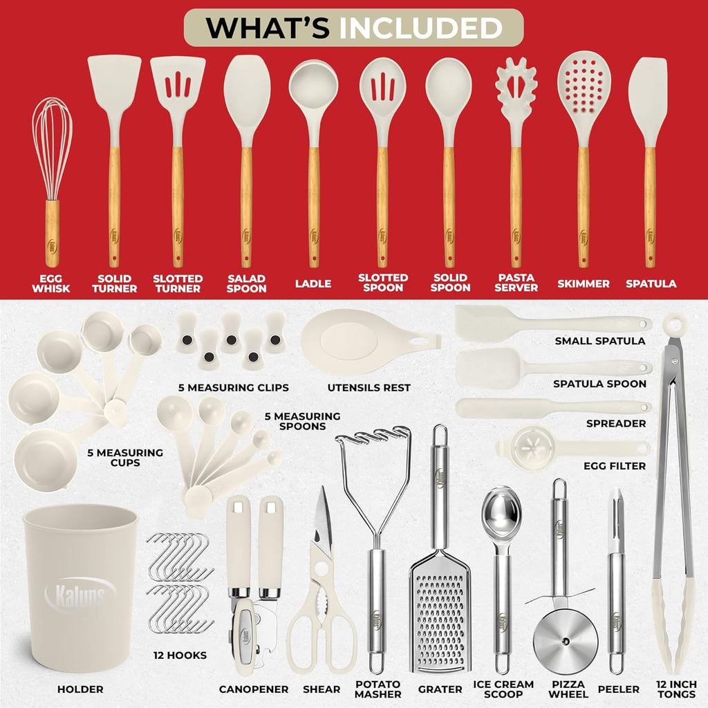 50 PCS Silicone Kitchen Utensils Set Complete Kitchen Set - 800°F Heat Resistant Non-Stick Premium Silicone Cooking