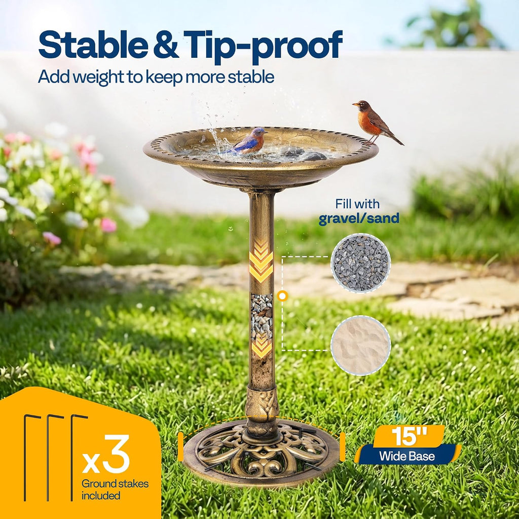 Bird Bath for Outside, Polyresin, Pedestal, Antique Copper
