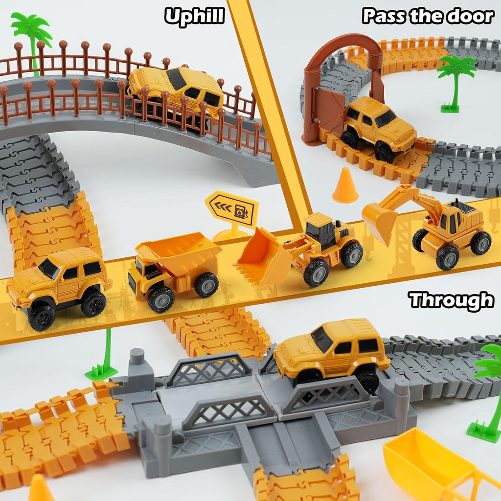 Construction Race Car Track Set for Kids - Flexible Engineering Toys with 2 Electric Cars, Birthday Gift for 3 4 5 6