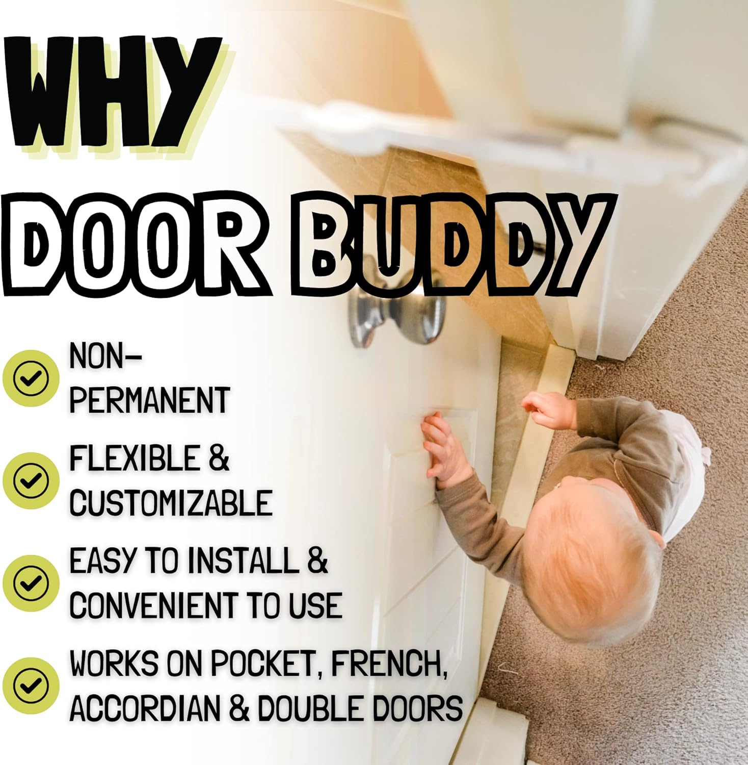 Baby & Cat Door Latch - Grey. Adjustable Strap Keeps Kids Out of Cat Areas. Simple Child Safety Lock for Doors. The