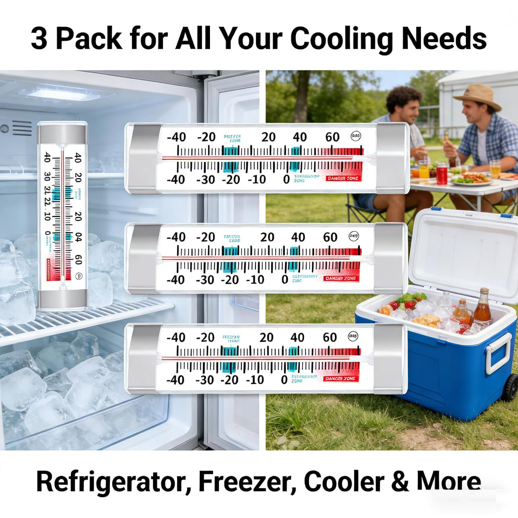 Refrigerator Freezer Thermometer 3 Pack, Easy Read Dial Fridge Thermometer with Hook & Stand, Waterproof for