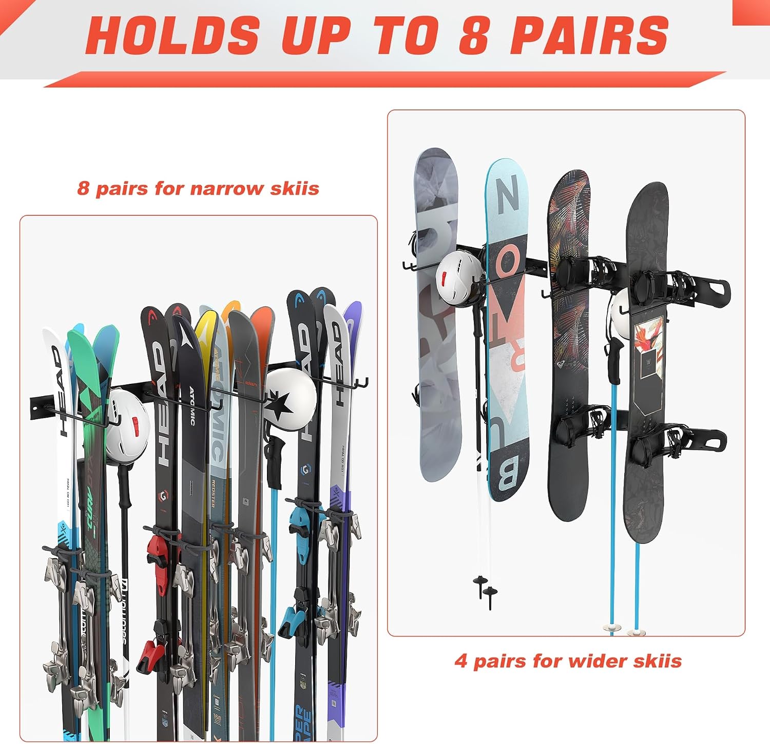 Wall Mounted Ski Rack, Indoor Ski Hangers for Garage | Ski Storage for Home, One-piece Design, Wall Mount Ski Holder