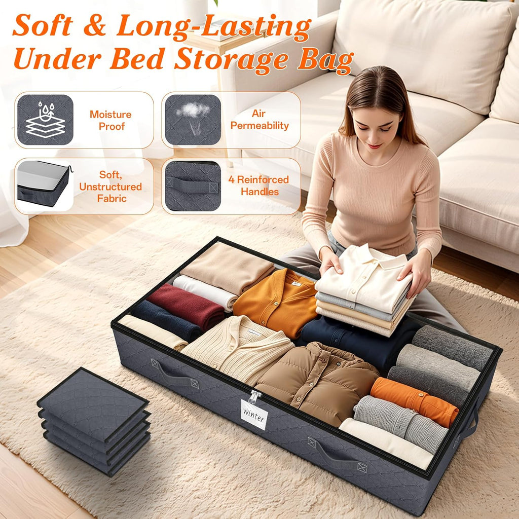 90L Under Bed Storage Containers, 4-Pack Storage Bins with Clear Top, Foldable Closet Organizers and Storage with