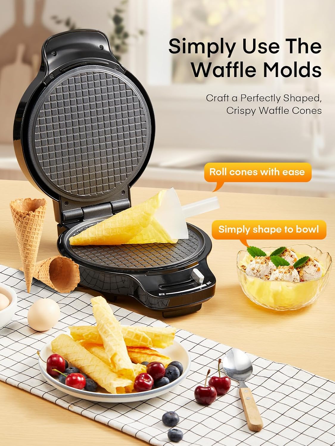 Waffle Cone Maker Machine and Ice Cream Bowl Maker with Temperature Control, Double Side Nonstick Waffle Bowl Maker
