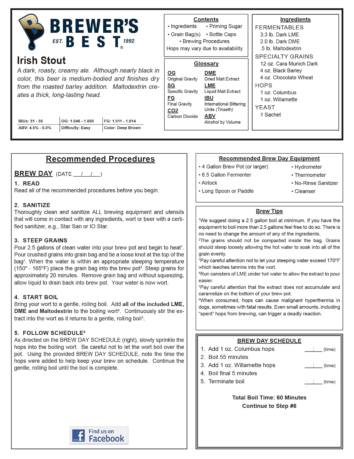 1023 - Home Brew Beer Ingredient Kit (5 gallon), (Irish Stout) Yellow