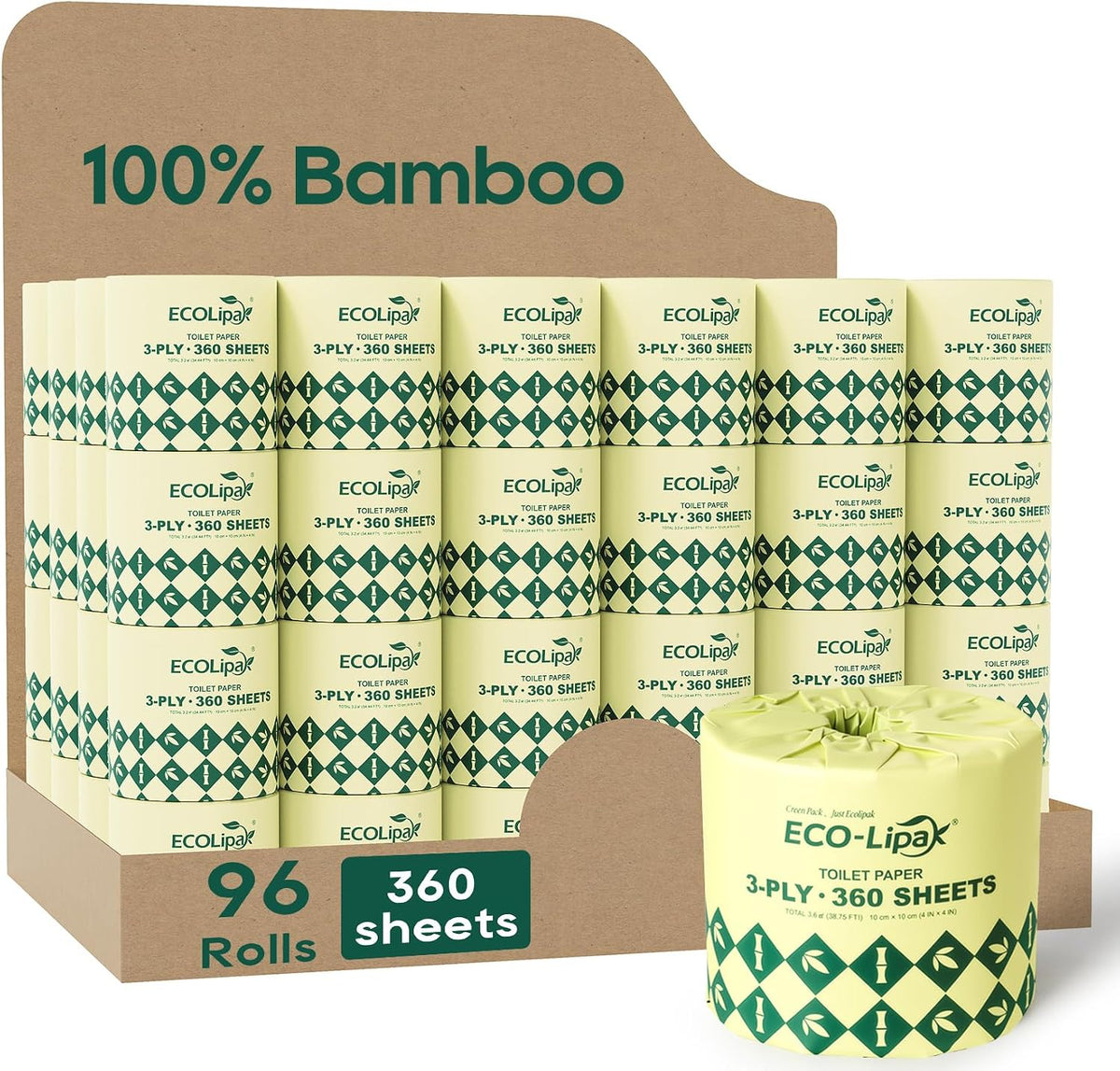 Bamboo Toilet Paper 3 Ply, 96 Rolls, 360 Sheets Per Roll, White