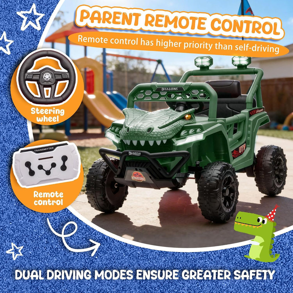 12V Dinosaur Ride On UTV, Kids Electric Vehicle with Parent Control, 3 Speeds,6 LED Lights, Shock