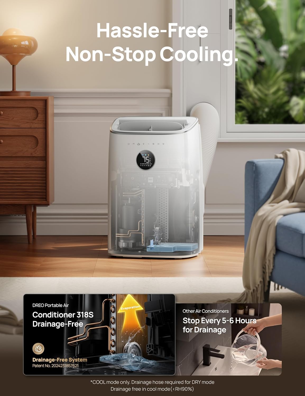 Portable Air Conditioner 318S, 8000 BTU ASHRAE (5000 BTU DOE) Smart AC Unit for Bedroom with Drainage-free Cooling