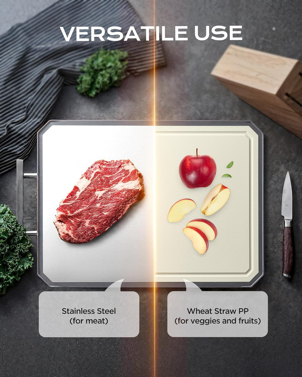 Stainless Steel Cutting Board,Double Sided Steel Bread Boards for kitchen,Stainless Steel/Wheat straw pp Large Board
