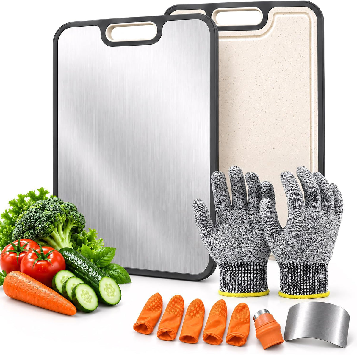 Titanium Cutting Board Double Sided, Heavy Duty Chopping Board with Cut Resistant Gloves, 5 Finger Guards & Thumb