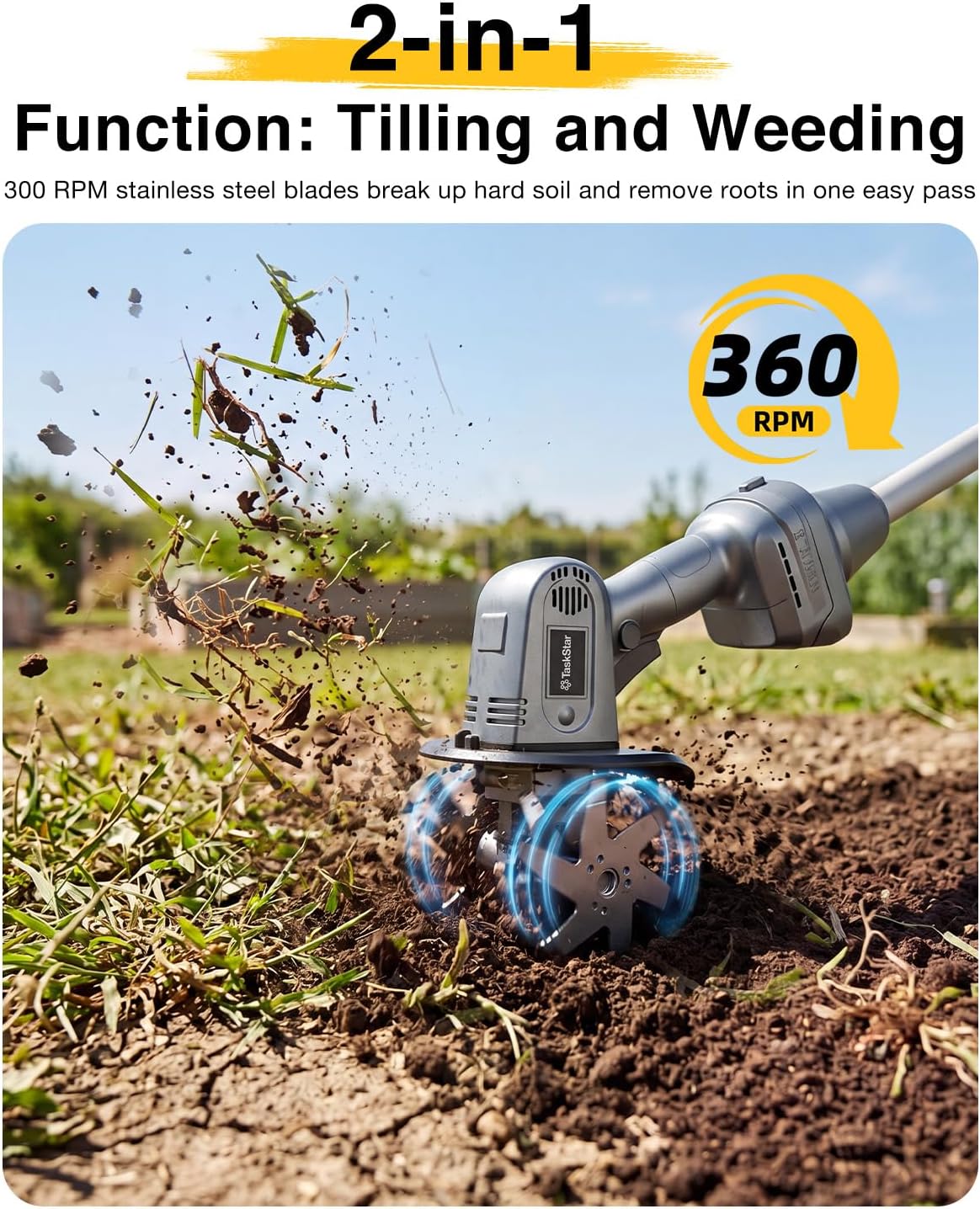 2-in-1 Cordless Tiller Cultivator, 20V Electric Rototiller with Detachable Extension Pole, 2×2.0Ah Battery