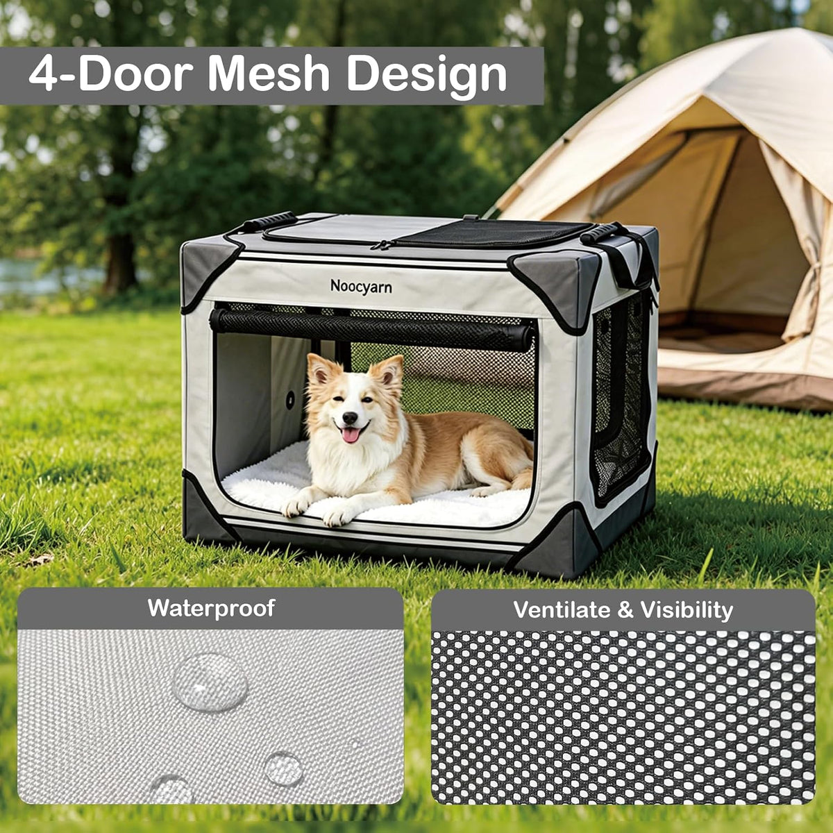 Collapsible Soft Dog Crate 36 Inch, Portable Travel Pet Crate for Large Dogs with 4-Door Mesh, Large Dog Kennel