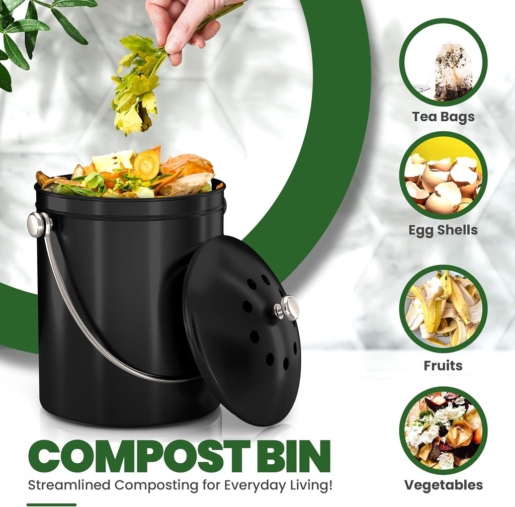 Countertop Compost Bin 1.3 Gallon, Stainless Steel, Black | Odorless countertop compost bin with charcoal filter