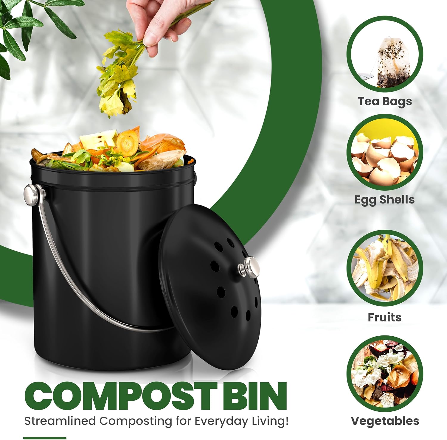 Countertop Compost Bin 1.3 Gallon, Stainless Steel, Black | Odorless countertop compost bin with charcoal filter