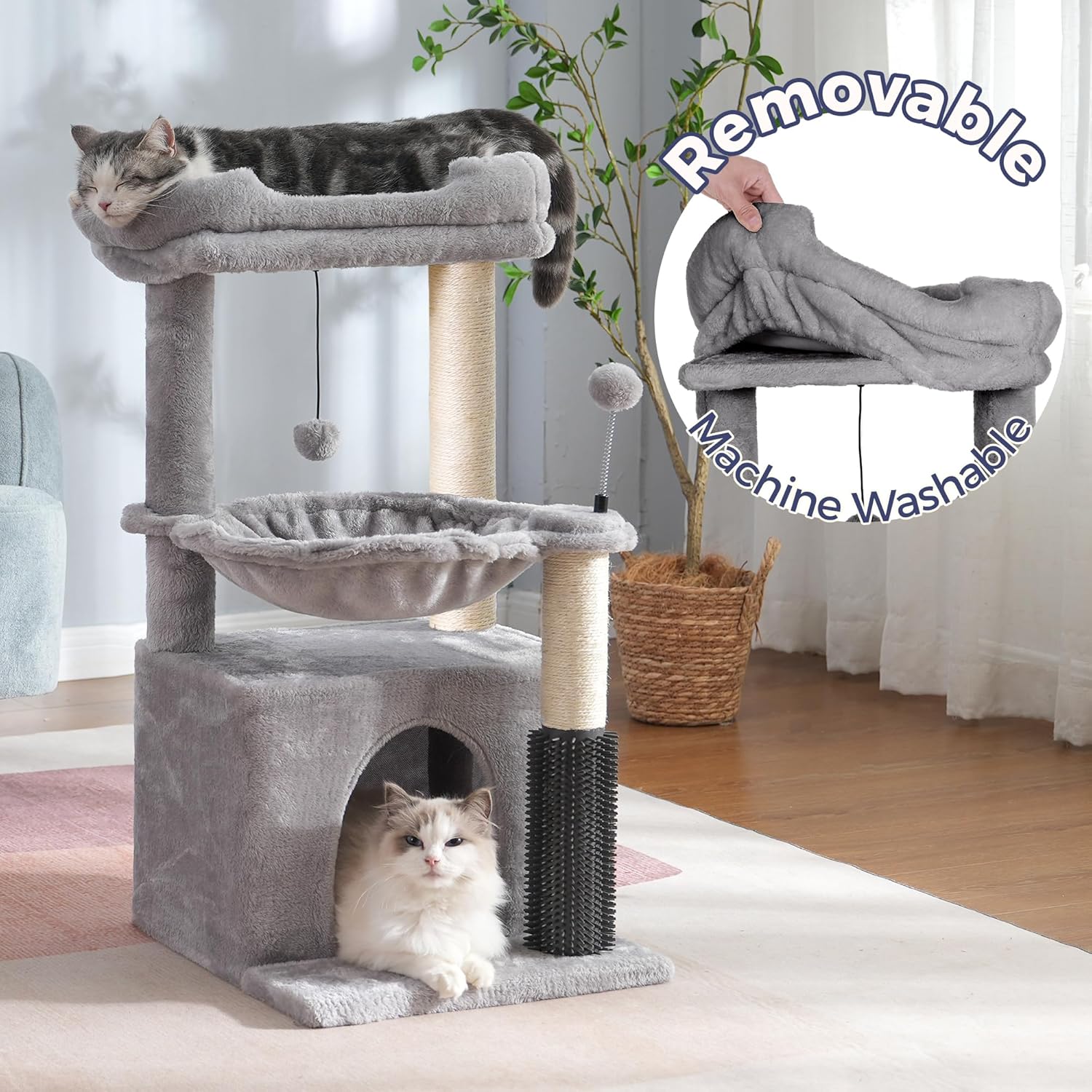 Cat Tree 32 Inches Small Cat Tower with Large Hammock Dia 15.7”,Self Groomer, Fully Scratching Post, Removable Top