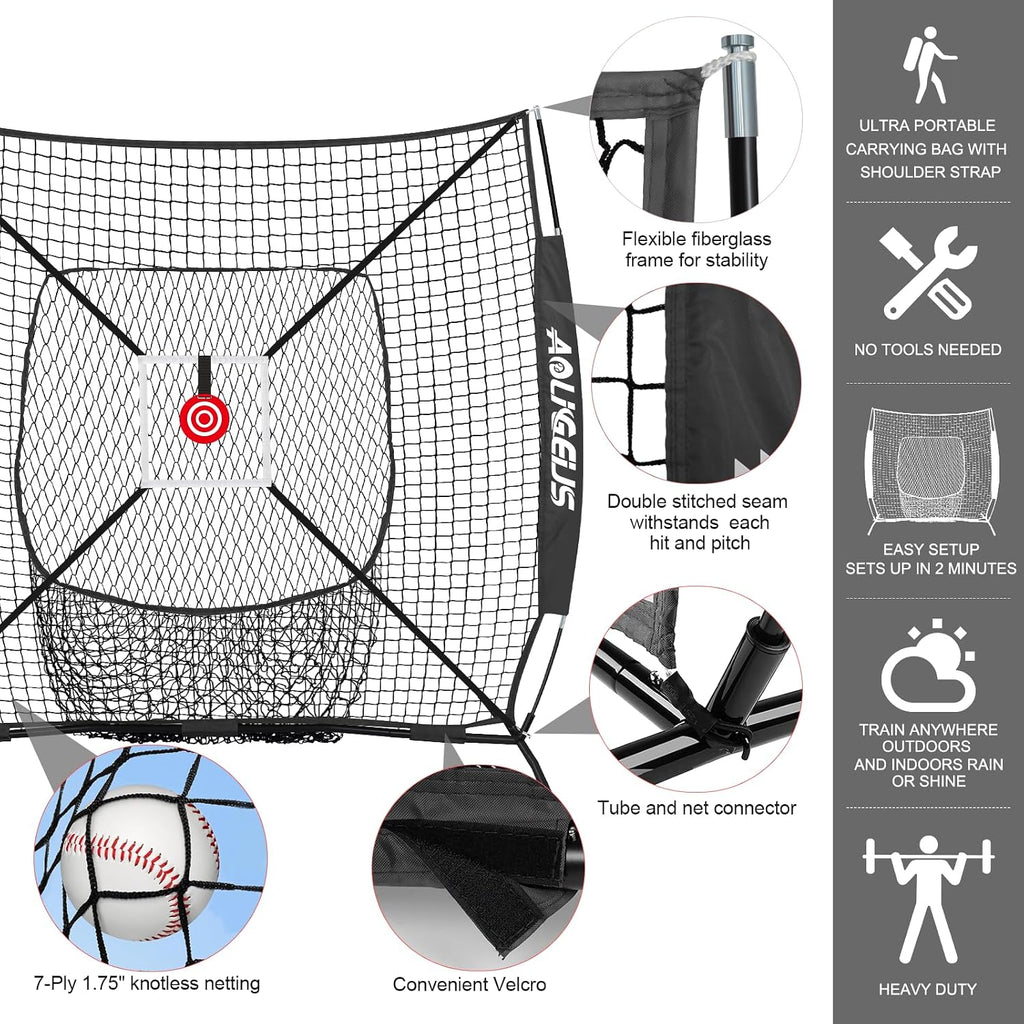 6'x6' Baseball Softball Practice Net, Batting Tee & Ball Caddy | Baseball Pitching Hitting Net with Strike Zone