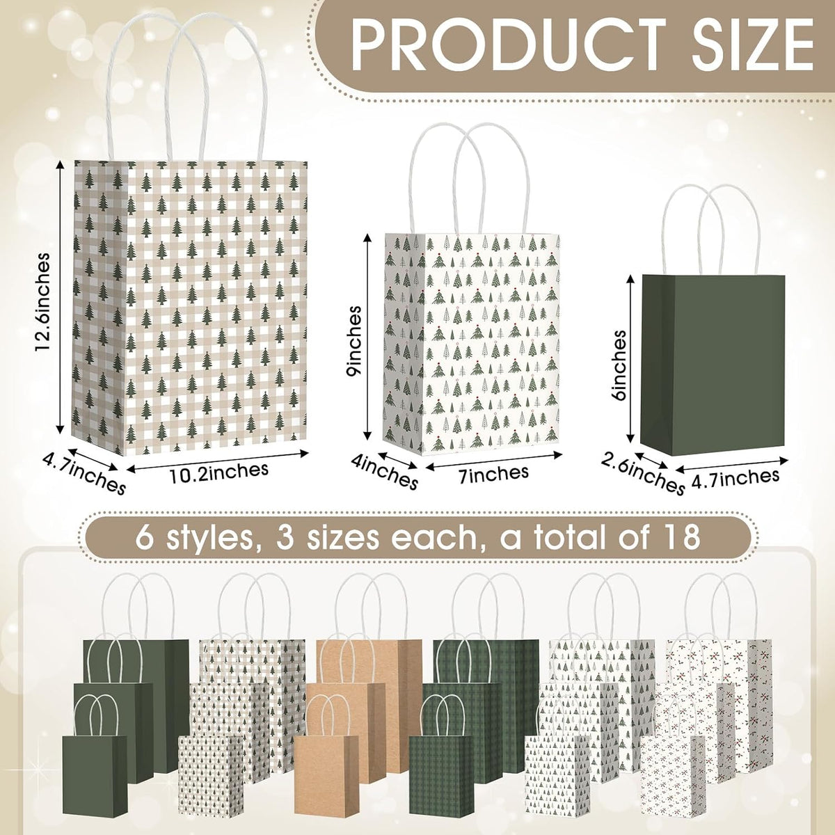 18 Pcs Green White Christmas Kraft Gift Bags, Neutral Aesthetic