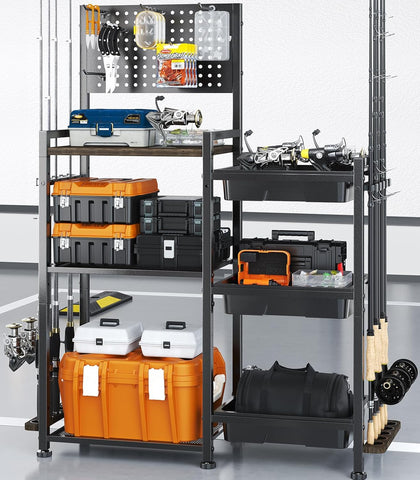 Fishing Rod Holders for Garage, 3 Storage Boxes for Reels & Fishing Accessories, 10 Rod Capacity Fishing Pole Holder