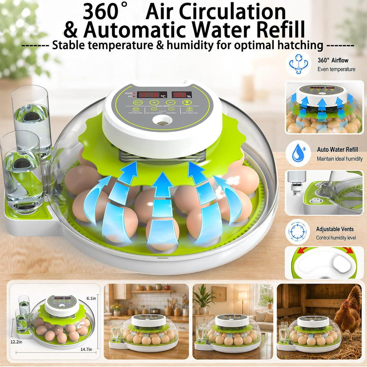 18/60 Egg Incubator with Humidity Display, Incubators for Hatching Eggs, Egg Candler, Automatic Egg Turner, Poultry